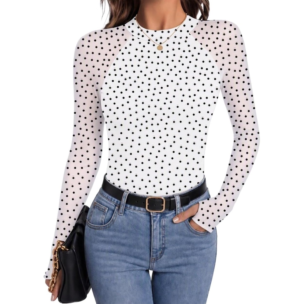 image:imageZeagoo Long Sleeve Shirts for Women Sheer Mesh Top Mock Neck Fitted BlousesJh724
