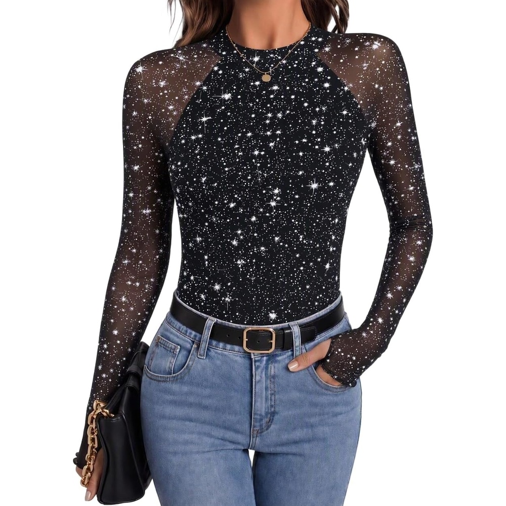 image:imageZeagoo Long Sleeve Shirts for Women Sheer Mesh Top Mock Neck Fitted BlousesKt246