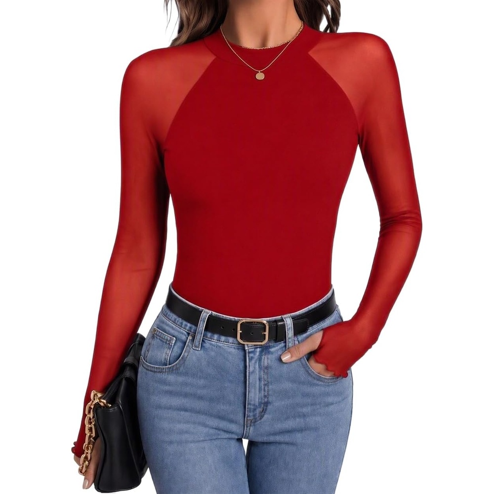 image:imageZeagoo Long Sleeve Shirts for Women Sheer Mesh Top Mock Neck Fitted BlousesPure Red