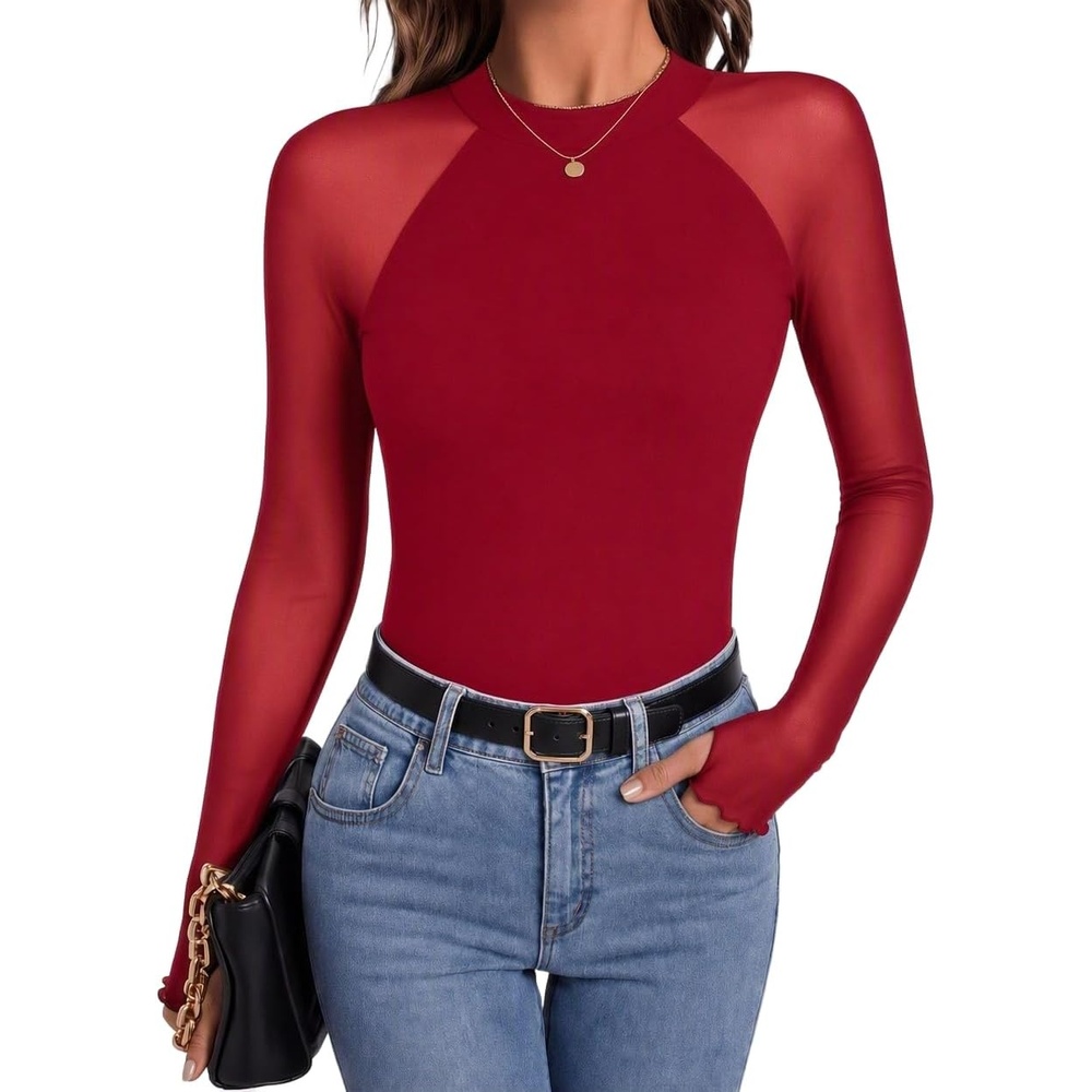 image:imageZeagoo Long Sleeve Shirts for Women Sheer Mesh Top Mock Neck Fitted BlousesRed