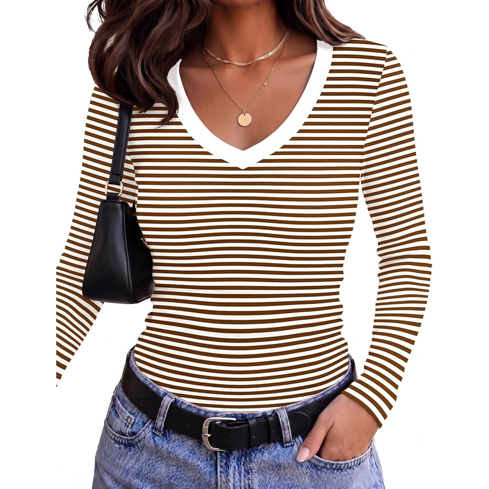 image:imageZeagoo Long Sleeve Shirts for Women V Neck Tops Ribbed Slim Fit Basic TeeBrown White Stripe