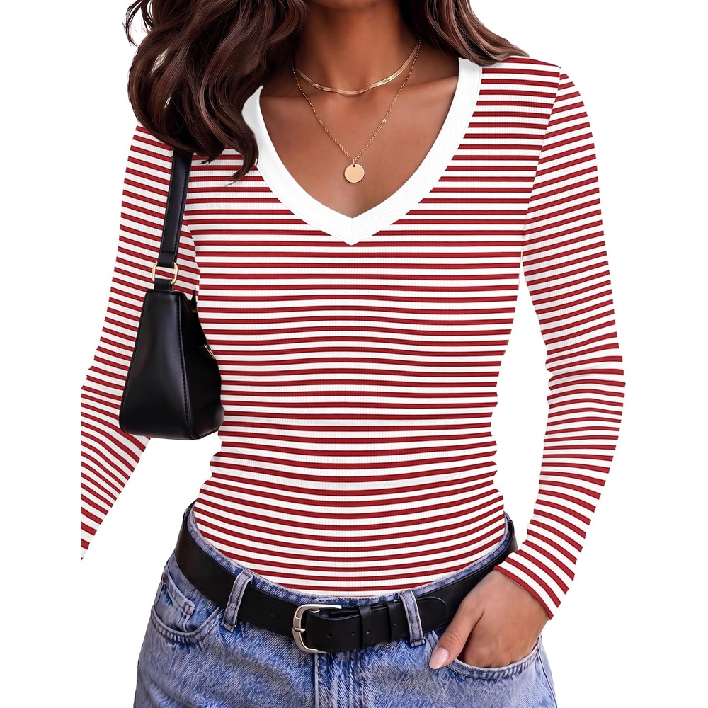 image:imageZeagoo Long Sleeve Shirts for Women V Neck Tops Ribbed Slim Fit Basic TeeRed White Stripe