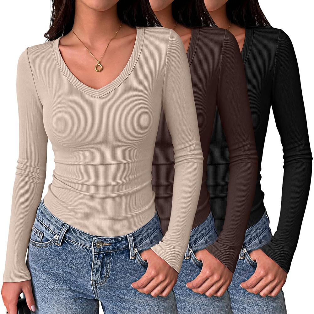 image:imageZeagoo Long Sleeve Shirts for Women V Neck Tops Ribbed Slim Fit Basic TeeZblackbeigebrown