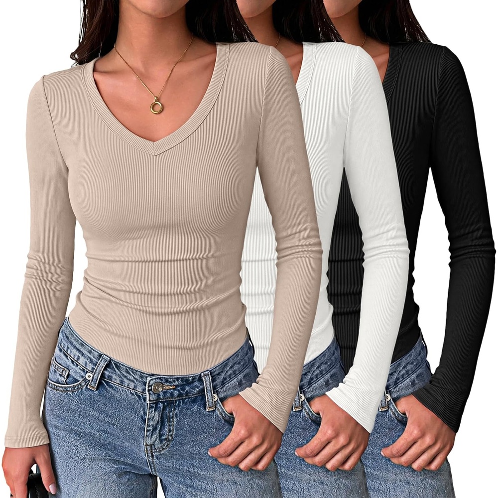 image:imageZeagoo Long Sleeve Shirts for Women V Neck Tops Ribbed Slim Fit Basic TeeZblackwhitebeige