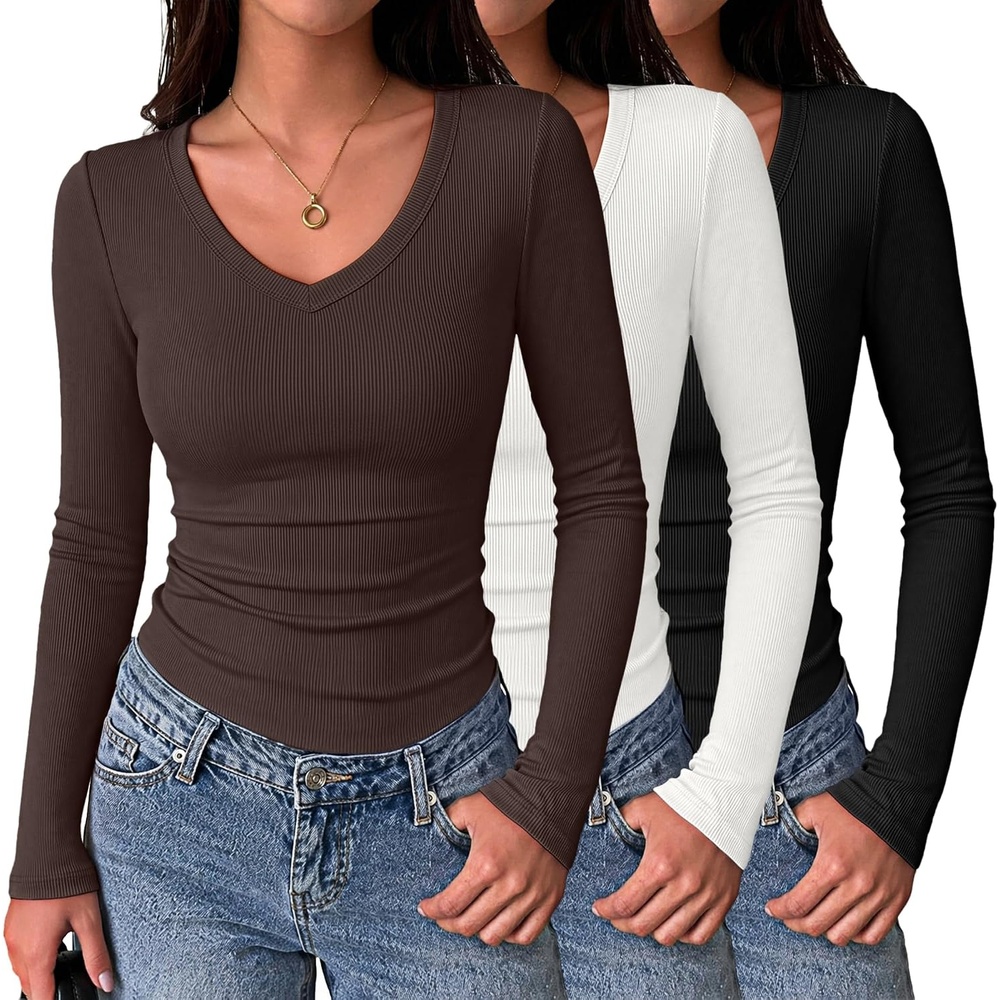 image:imageZeagoo Long Sleeve Shirts for Women V Neck Tops Ribbed Slim Fit Basic TeeZblackwhitebrown
