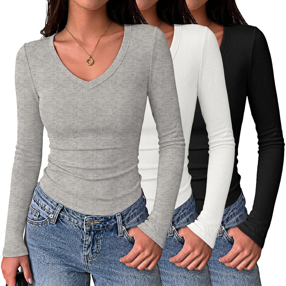 image:imageZeagoo Long Sleeve Shirts for Women V Neck Tops Ribbed Slim Fit Basic TeeZblackwhitegrey