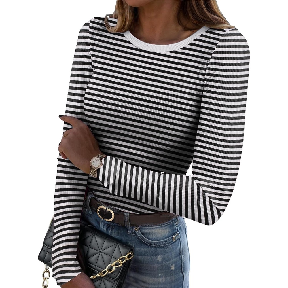 image:imageZeagoo Women Long Sleeve Shirts Ribbed Slim Fit Tops Crewneck Basic TeeBlack Stripe