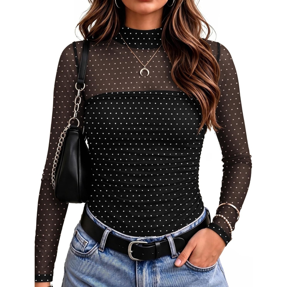 image:imageZeagoo Womens Mesh Long Sleeve Tops Mock Neck Ruched Sheer Blouse S2XLBlack Sparkle