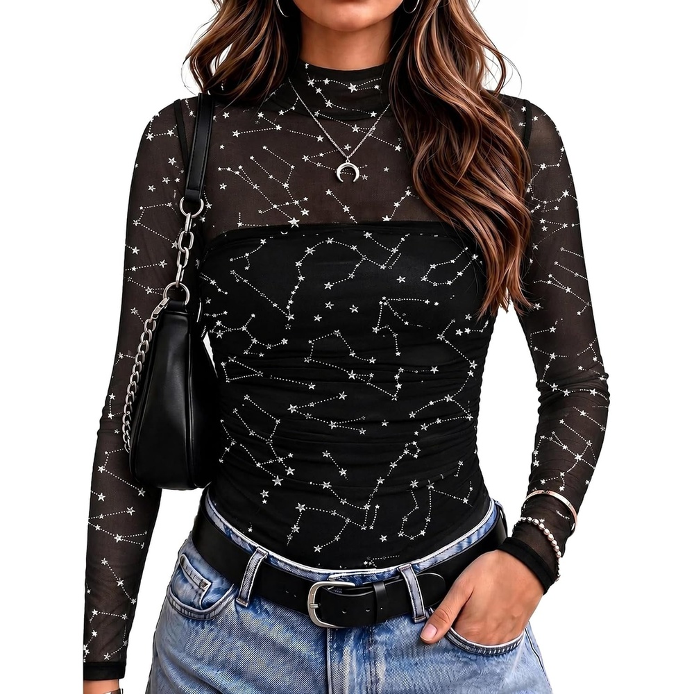 image:imageZeagoo Womens Mesh Long Sleeve Tops Mock Neck Ruched Sheer Blouse S2XLBlack Star