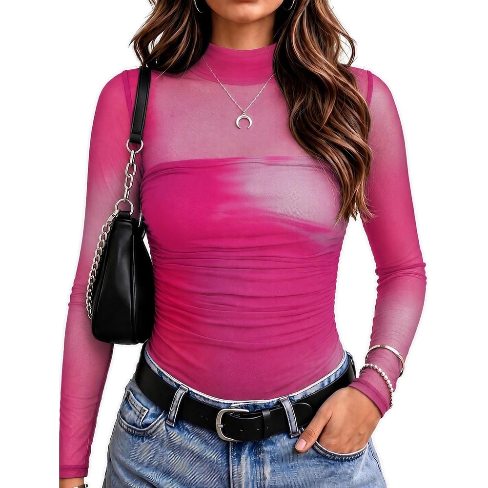 image:imageZeagoo Womens Mesh Long Sleeve Tops Mock Neck Ruched Sheer Blouse S2XLHot Pink Tie Dye