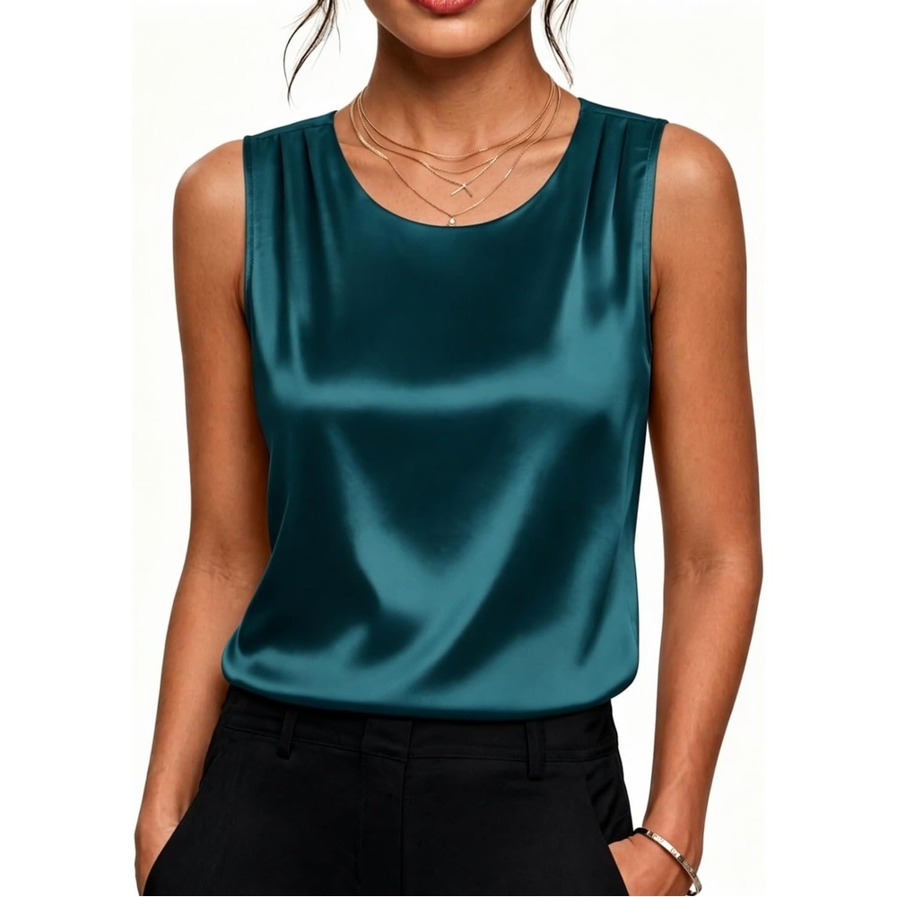 image:imageZeagoo Womens Satin Tank Top Pleated Sleeveless Blouse Dressy Casual TopsBlue Green