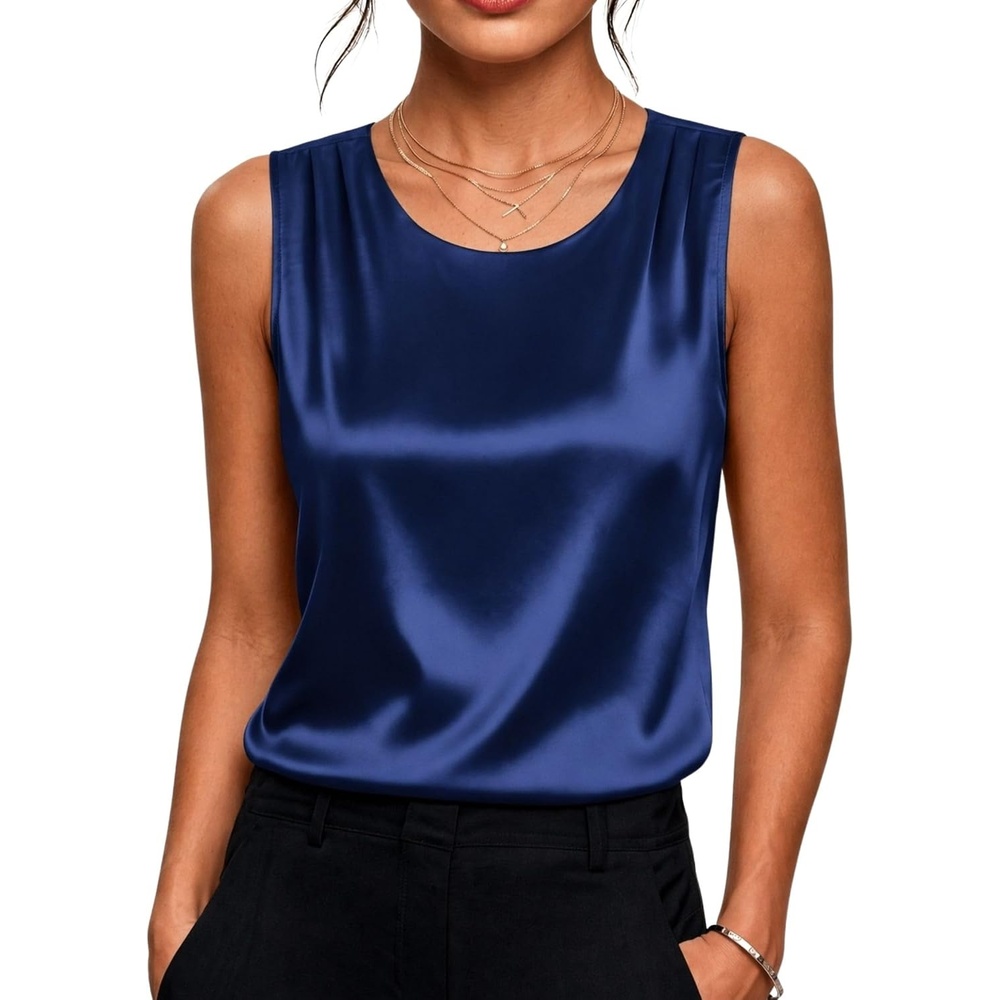 image:imageZeagoo Womens Satin Tank Top Pleated Sleeveless Blouse Dressy Casual TopsNavy Blue
