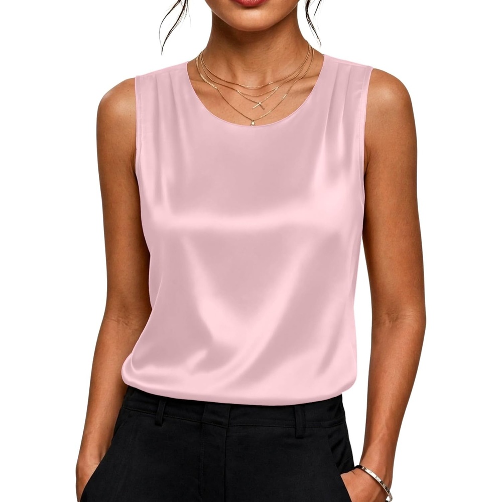 image:imageZeagoo Womens Satin Tank Top Pleated Sleeveless Blouse Dressy Casual TopsPink