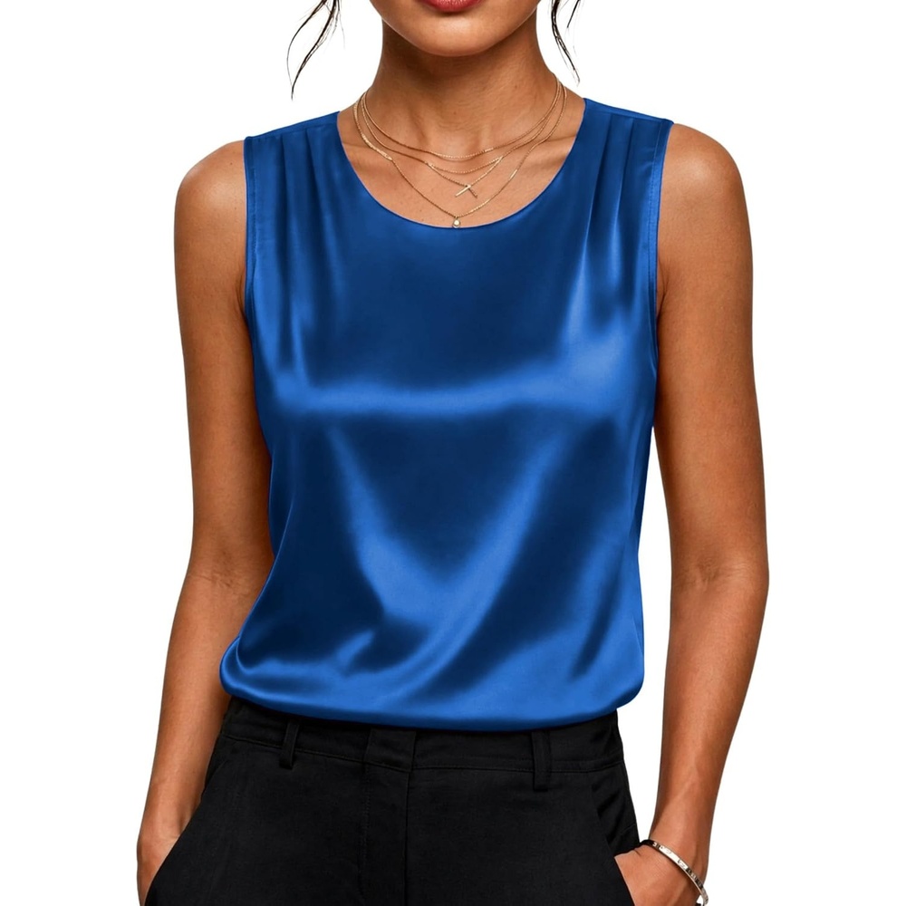 image:imageZeagoo Womens Satin Tank Top Pleated Sleeveless Blouse Dressy Casual TopsSky Blue