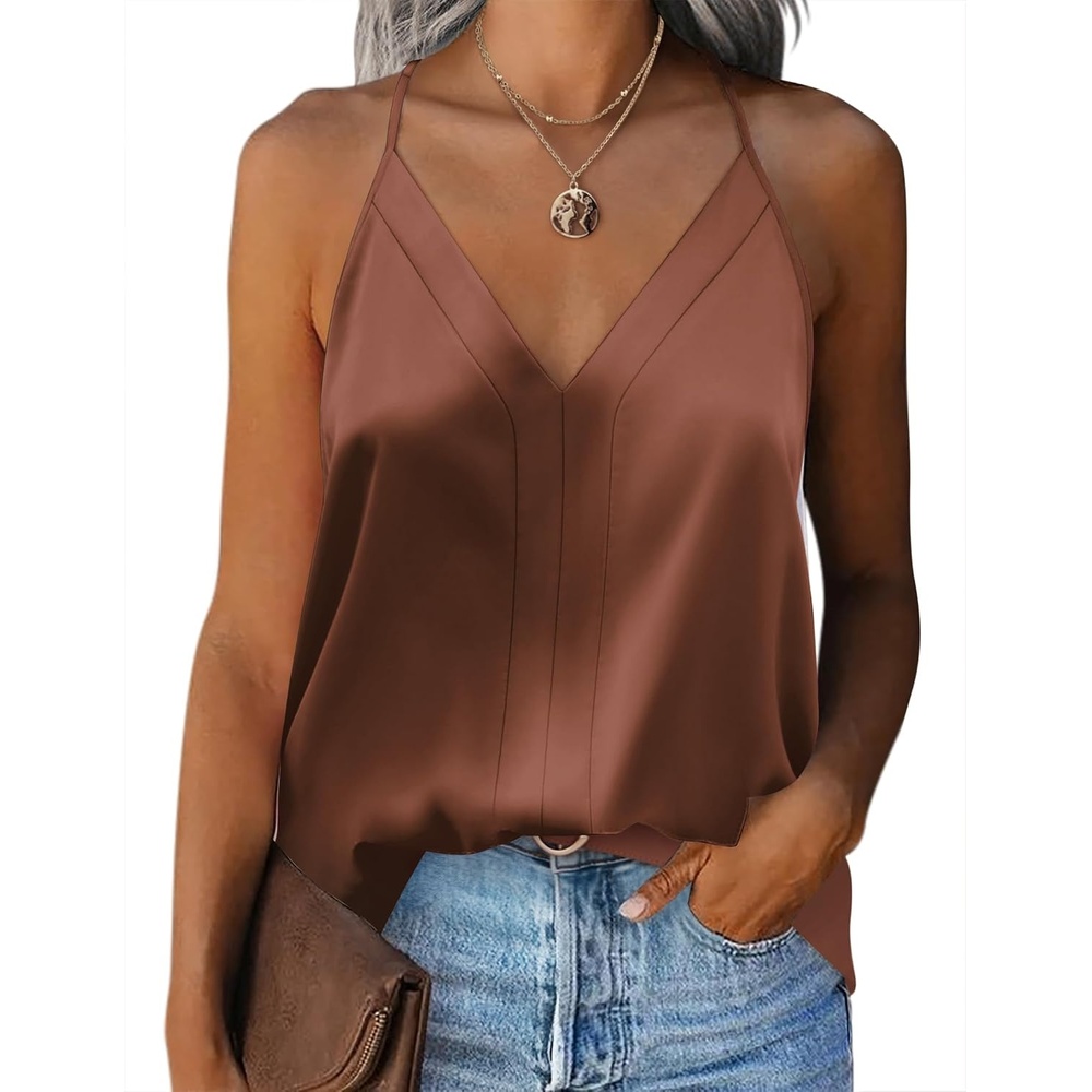 image:imageZeagoo Womens Silk Satin Tank Tops V Neck Sleeveless Blouse Camisole TopBrown