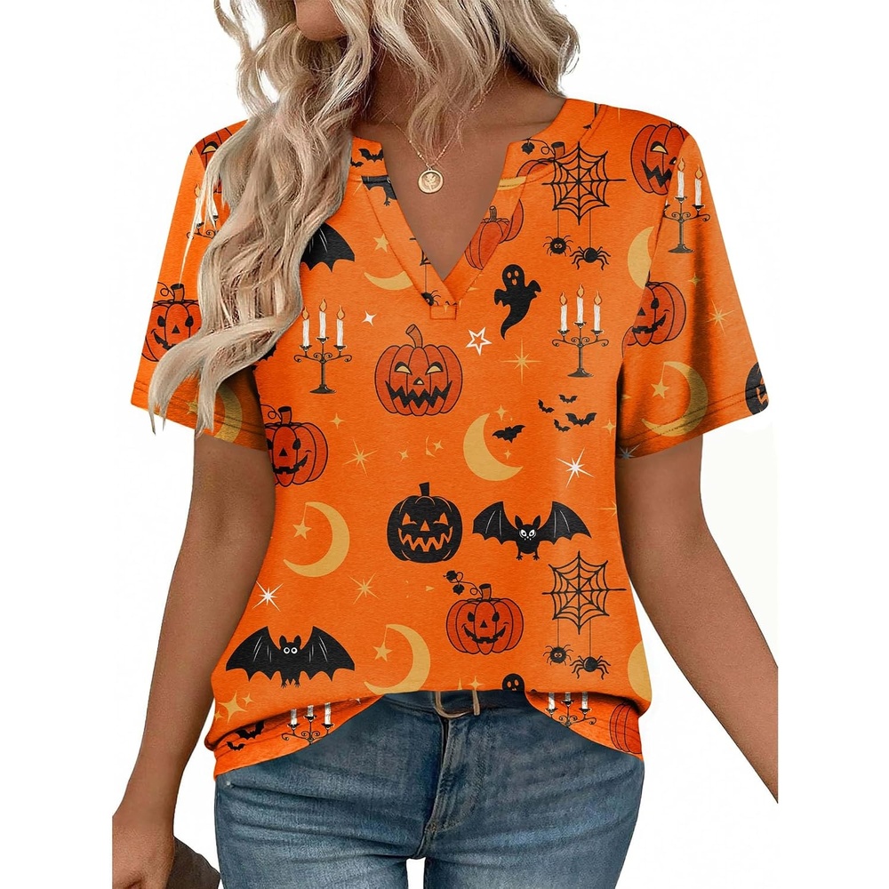 image:imageZeagoo Womens Tops Short Sleeve V Neck Tee Shirts Cute Dressy CasualHalloween Orange Pumpkins Ws85
