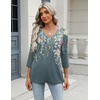 Zeagoo 3/4 Length Sleeve Womens Tops Casual V Neck Shirts Soft Basic Tees(Grey Floral)