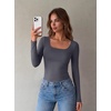 Zeagoo Long Sleeve Shirts for Women Square Neck Slim Fit Top Fall Basic Tee(Dark Grey)