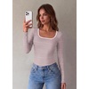 Zeagoo Long Sleeve Shirts for Women Square Neck Slim Fit Top Fall Basic Tee(Pink White Stripes)