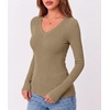 Zeagoo Long Sleeve Shirts for Women V Neck Tops Ribbed Slim Fit Basic Tee(Khaki)