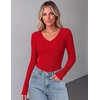 Zeagoo Long Sleeve Shirts for Women V Neck Tops Ribbed Slim Fit Basic Tee(Red)