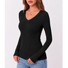 Zeagoo Long Sleeve Shirts for Women V Neck Tops Ribbed Slim Fit Basic Tee(Z-black+white+brown)