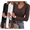 Zeagoo Long Sleeve Shirts for Women V Neck Tops Ribbed Slim Fit Basic Tee(Z-black+white+brown)