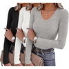 Zeagoo Long Sleeve Shirts for Women V Neck Tops Ribbed Slim Fit Basic Tee(Z-black+white+grey)