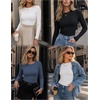Zeagoo Women Long Sleeve Shirts Ribbed Slim Fit Tops Crewneck Basic Tee(Black+grey+dark Blue)