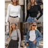 Zeagoo Women Long Sleeve Shirts Ribbed Slim Fit Tops Crewneck Basic Tee(Black+white+grey)