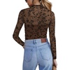 Zeagoo Women’s Mesh Long Sleeve Tops Mock Neck Ruched Sheer Blouse S-2XL(Brown Floral)
