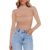 Zeagoo Women’s Mesh Long Sleeve Tops Mock Neck Ruched Sheer Blouse S-2XL(Light Tan)