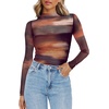 Zeagoo Women’s Mesh Long Sleeve Tops Mock Neck Ruched Sheer Blouse S-2XL(Tie Dye Print)