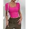 Zeagoo Womens Tops Short Sleeve Rib Knit Basic Tee Scoop Neck Fitted Shirt(Hot Pink)