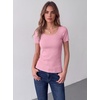 Zeagoo Womens Tops Short Sleeve Rib Knit Basic Tee Scoop Neck Fitted Shirt(Pink)