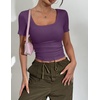 Zeagoo Womens Tops Short Sleeve Rib Knit Basic Tee Scoop Neck Fitted Shirt(Purple)