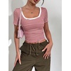 Zeagoo Womens Tops Short Sleeve Rib Knit Basic Tee Scoop Neck Fitted Shirt(Red White Stripe)