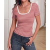 Zeagoo Womens Tops Short Sleeve Rib Knit Basic Tee Scoop Neck Fitted Shirt(Red White Stripe)