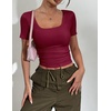 Zeagoo Womens Tops Short Sleeve Rib Knit Basic Tee Scoop Neck Fitted Shirt(Wine Red)