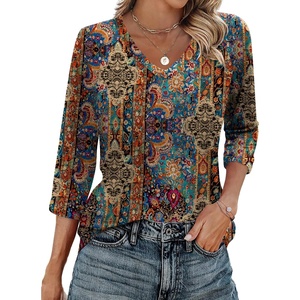Zeagoo 3/4 Length Sleeve Womens Tops Casual V Neck Shirts Soft Basic Tees(Brown Bohemian)