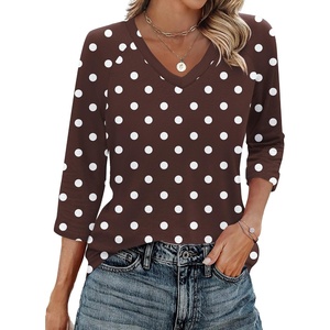 Zeagoo 3/4 Length Sleeve Womens Tops Casual V Neck Shirts Soft Basic Tees(Brown Polka Dot)