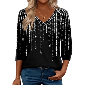 Zeagoo 3/4 Length Sleeve Womens Tops Casual V Neck Shirts Soft Basic Tees(Shiny Diamond)