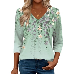 Zeagoo 3/4 Length Sleeve Womens Tops Casual V Neck Shirts Soft Basic Tees(Spring Bird)