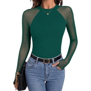 Zeagoo Long Sleeve Shirts for Women Sheer Mesh Top Mock Neck Fitted Blouses(Green)