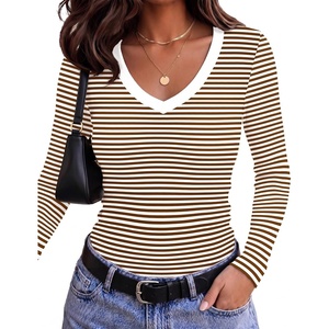 Zeagoo Long Sleeve Shirts for Women V Neck Tops Ribbed Slim Fit Basic Tee(Brown White Stripe)
