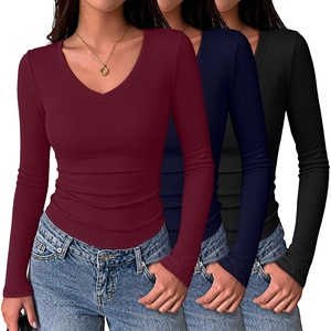Zeagoo Long Sleeve Shirts for Women V Neck Tops Ribbed Slim Fit Basic Tee(Z-black+navy+wine)