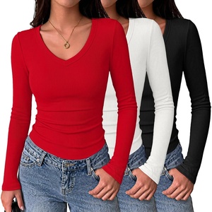 Zeagoo Long Sleeve Shirts for Women V Neck Tops Ribbed Slim Fit Basic Tee(Z-black+white+red)