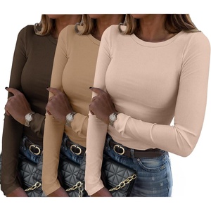 Zeagoo Women Long Sleeve Shirts Ribbed Slim Fit Tops Crewneck Basic Tee(Beige+brown+light Brown)