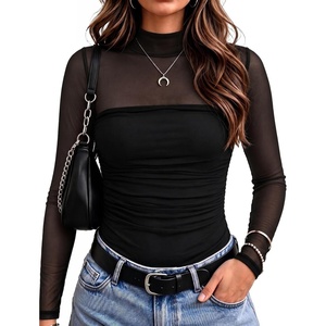 Zeagoo Women’s Mesh Long Sleeve Tops Mock Neck Ruched Sheer Blouse S-2XL(Black)