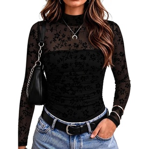 Zeagoo Women’s Mesh Long Sleeve Tops Mock Neck Ruched Sheer Blouse S-2XL(Black Floral)